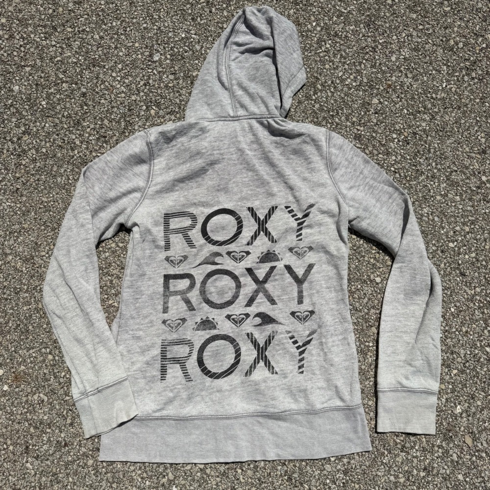 Roxy Y2K Womens Full Zip Hoodie Heather Gray Graphic Back Surf Logo Large